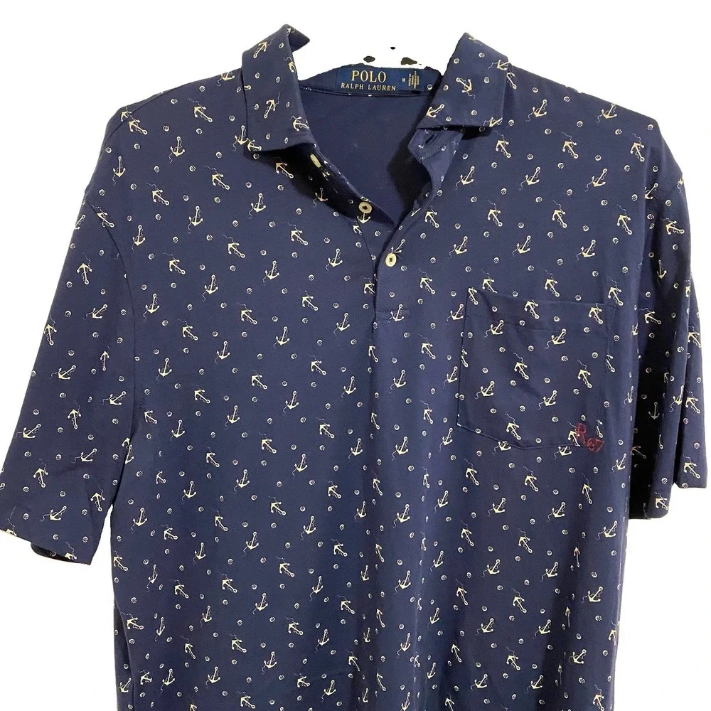 Polo Ralph Lauren Men's Navy Blue Anchor Print Polo Shirt Size M Pocket